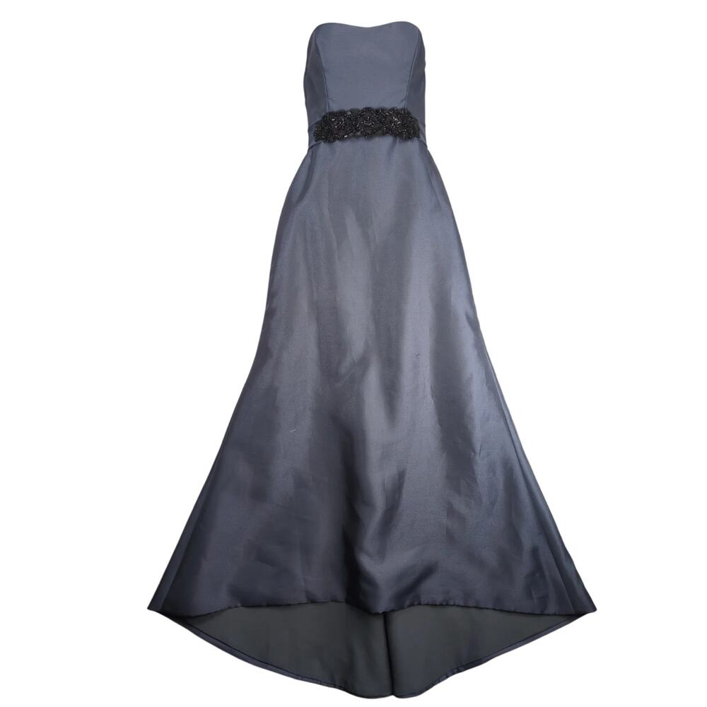 Noir by Lazaro Strapless Evening Gown Maxi Dress Sz 6 Gray Satin Black Beaded